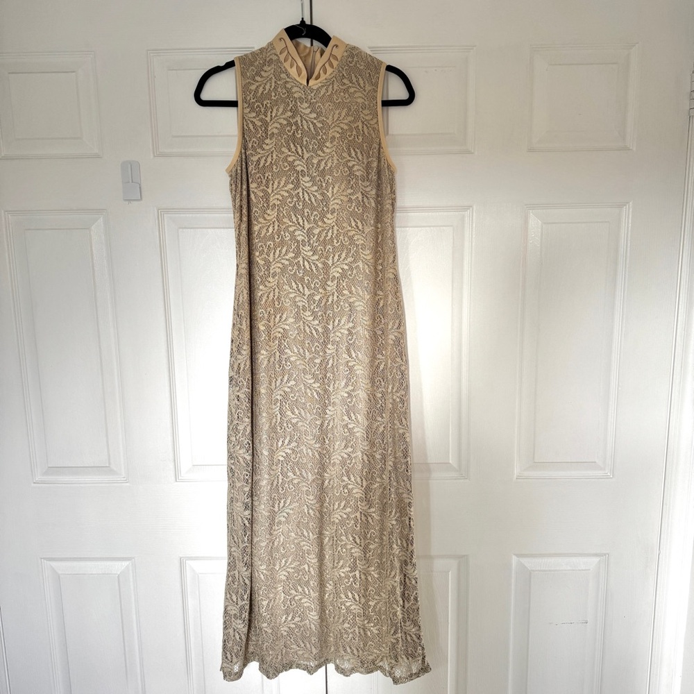 Shimmery. Beige Lace Overlay Maxi Dress